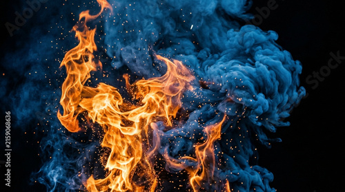 Dramatic fire flames and blue smoke abstract background showing elemental contrast of ice and fire with glowing orange sparks on dark backdrop.