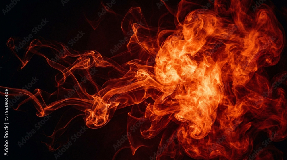 Fototapeta premium Fiery orange and red smoke clouds swirling dynamically on a dark black background, abstract fire flame effect graphic design texture.