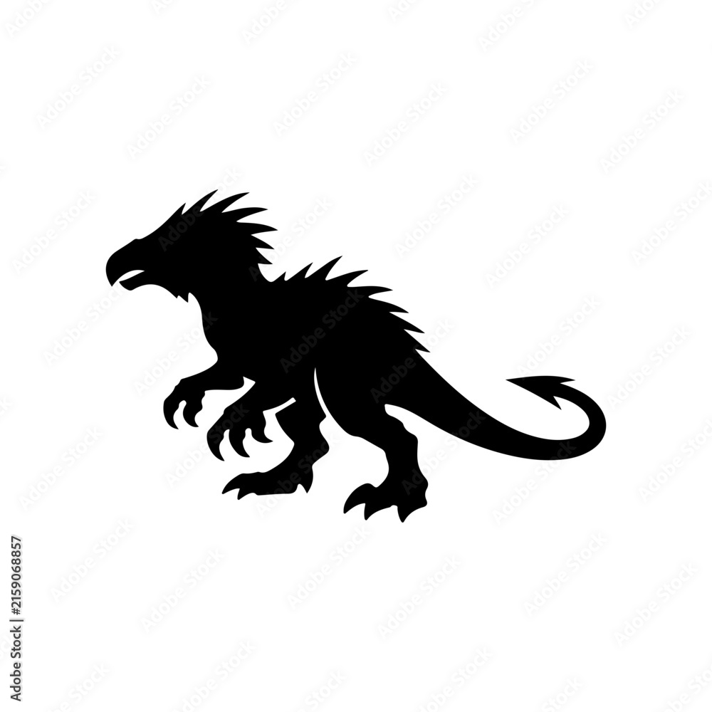 Fototapeta premium Spiky Raptor Feathered Dinosaur Monster Silhouette Vector