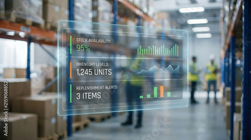 Inventory management interface displays stock availability, inventory level, and replenishment alert inside modern warehouse