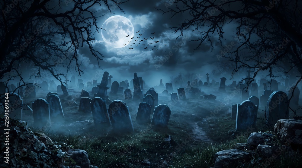 Fototapeta premium Spooky halloween graveyard at night with full moon fog headstones bare trees flying bats cemetery graveyard halloween tombstones