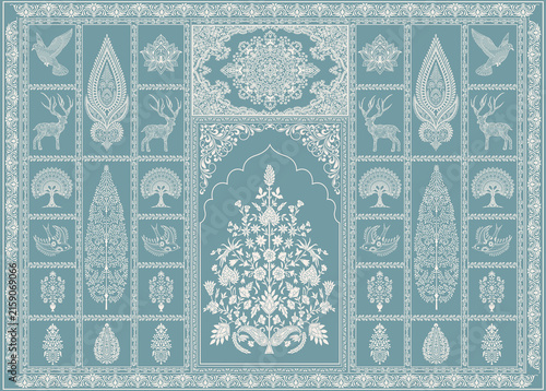 Obraz na plátně Traditional Indian Mughal Arch Pattern with Floral Motifs - Luxury Teal Wall Mur