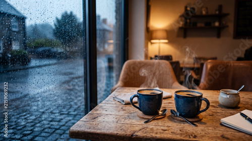 Two cups of coffee beside a rainy window creating an intimate romantic atmosphere