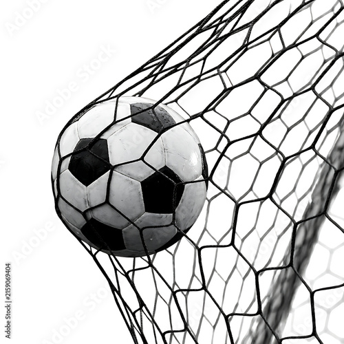 A Soccer Ball Hitting a black Goal Net Close Up on a transparent White Background.