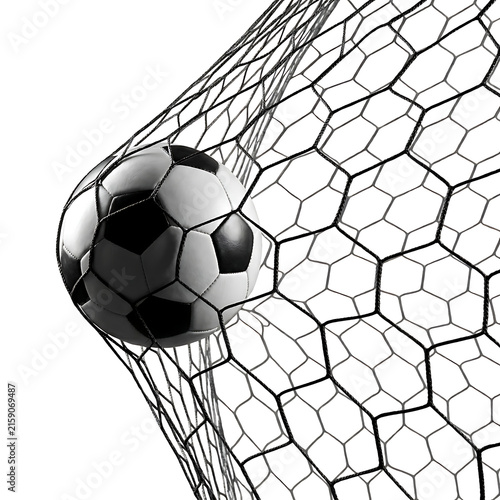 A Soccer Ball Hitting a black Goal Net Close Up on a transparent White Background.