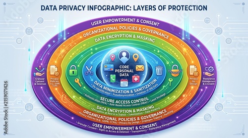 Comprehensive Cybersecurity Framework Showing Layers of Data Privacy and Protection