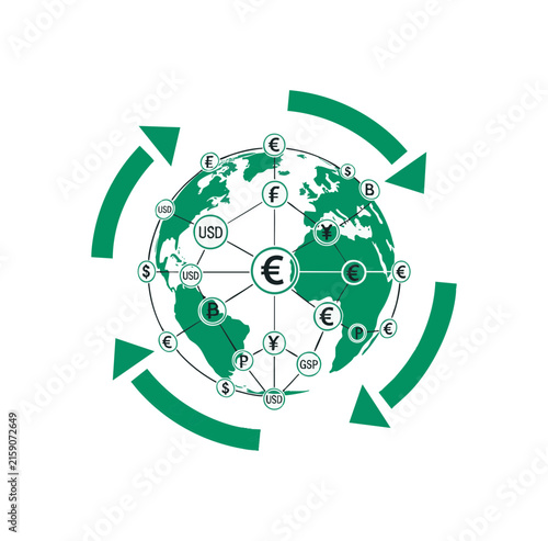 Global financial network illustration with currency symbols and circular arrows for international trade concept.