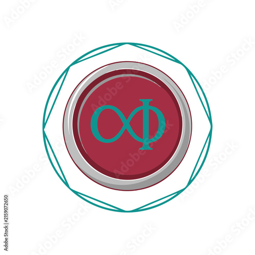 Abstract circular emblem featuring infinity and phi symbols in teal on a maroon background.