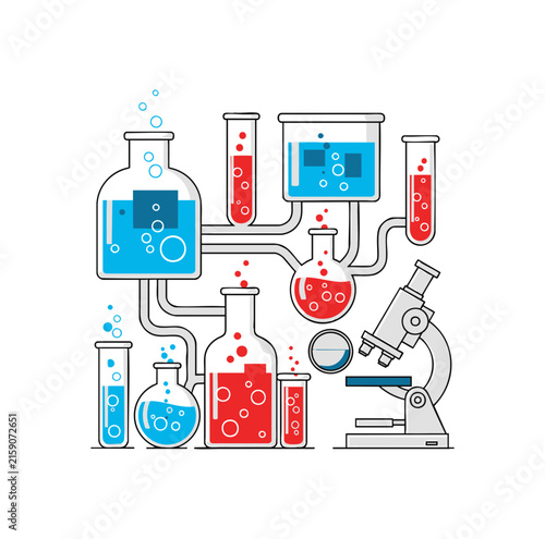 Scientific laboratory glassware setup with microscope and colorful chemical liquids for research and experimentation.