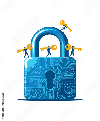 Business people carrying keys to unlock a digital circuit board padlock concept.