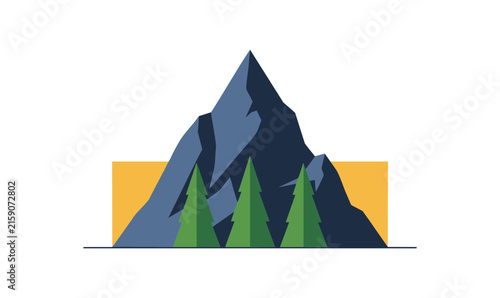 Minimalist vector illustration of a mountain peak with pine trees in front.