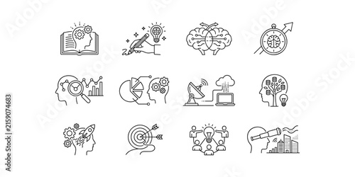 Business intelligence strategy innovation icon set brain learning analytics cloud data startup target team line art vector collection.