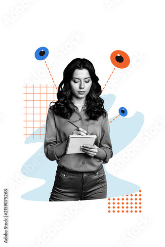 Composite trend artwork 3D sketch collage of young lady student stand arm hands write notebook huge eye watch vision control oversee