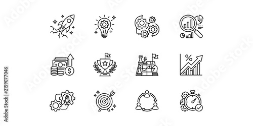 Business startup strategy growth icon set rocket bulb gears analytics money trophy chess target teamwork vector line art collection.