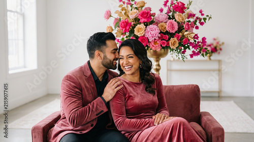 Happy couple in pink velvet sitting on sofa near large floral arrangement in bright room