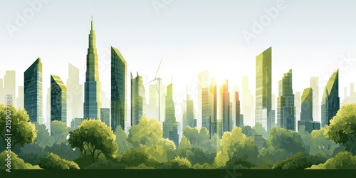 Modern city skyline with tall buildings and lush green park in foreground