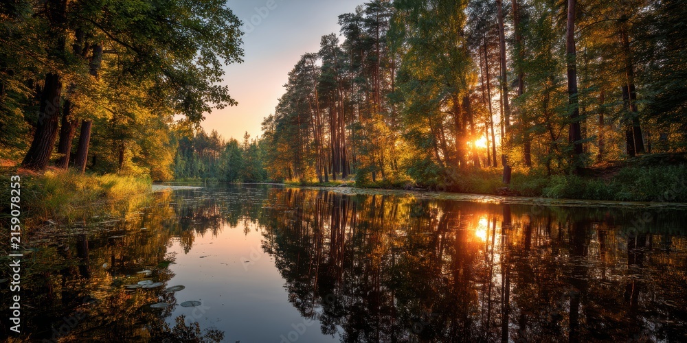 Obraz premium Serene sunrise reflections illuminate a tranquil lake, as sunlight filters through a trees branches over the water in a peaceful autumn morning