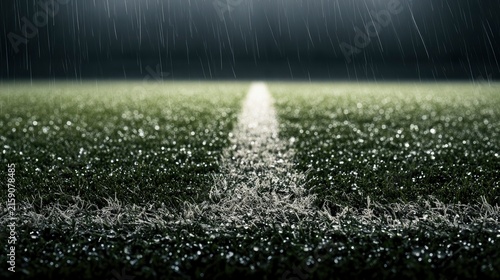 Close-up of a rain-soaked sports field with white line under dark stormy sky