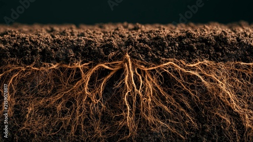 Cross-section of healthy soil with visible roots and organic material for gardening or agriculture