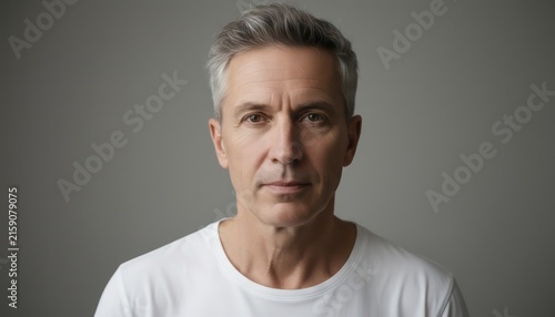 Mature man portrait in white t-shirt, neutral gray studio headshot, calm expression