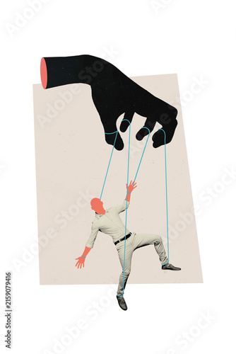 Foto Vertical sketch 3d artwork collage poster of anonym faceless man hang ribbon han