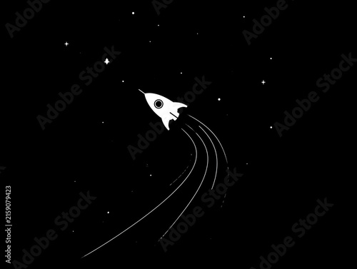 Minimalist Illustration of Rocket Launch into Space with Stars on Black Background