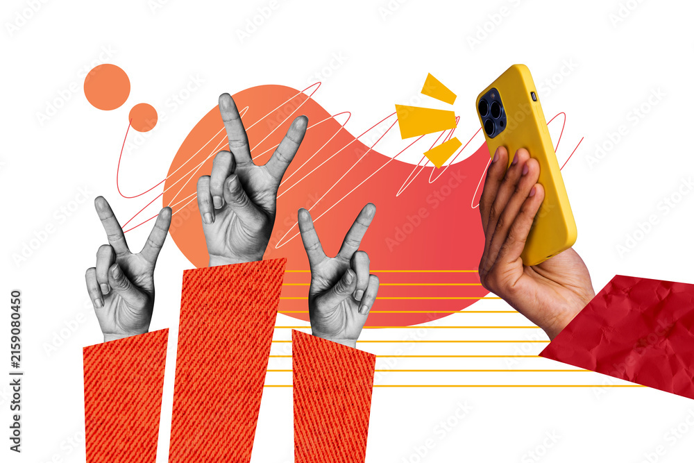 Naklejka premium Creative collage picture hands body fragments sleeve smartphone cellphone drawing background take photo picture blogger device