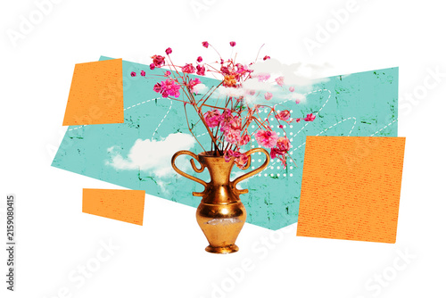 Foto 3d sketch poster trend collage image of old-fashioned vase wildflower bloom bran