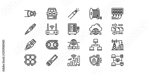 Fiber optic network technology icon set optical cable fusion splicer router patch panel transceiver line art vector collection.