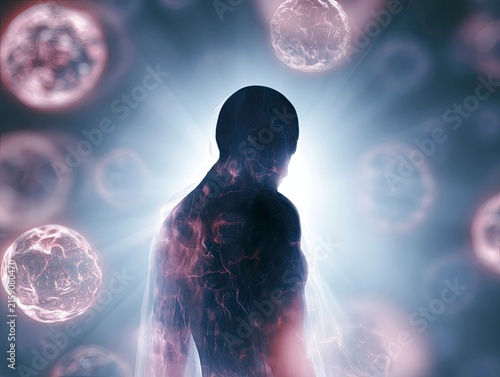Human silhouette surrounded by microscopic cellular structures in a science-inspired scene