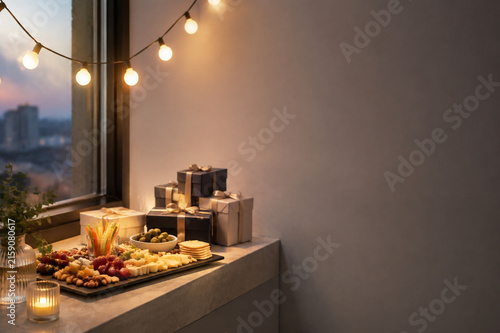 Appetizer platter and gift boxes on window ledge with string lights, corporate party still life with copy space