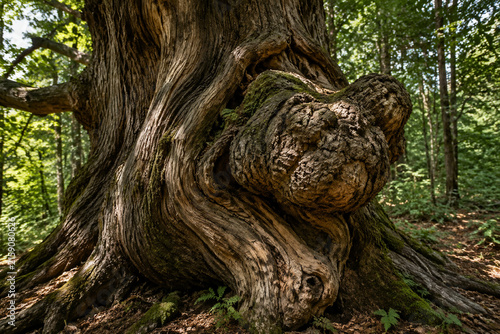 Ancient oak tree trunk with twisted grain and burl, textured bark in forest.
