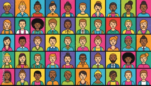Colorful diverse people portraits collage, cartoon avatar faces grid, inclusive community