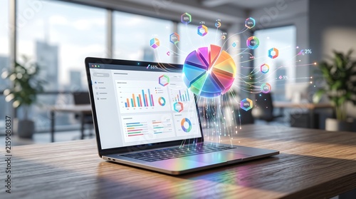 Futuristic business data analytics and financial dashboard hologram with colorful 3D pie chart and market share graphics floating over laptop on wooden office desk concept