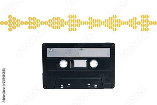 Composite photo collage of retro cassette tape sellout coin income usd currency vintage music party event isolated on painted background