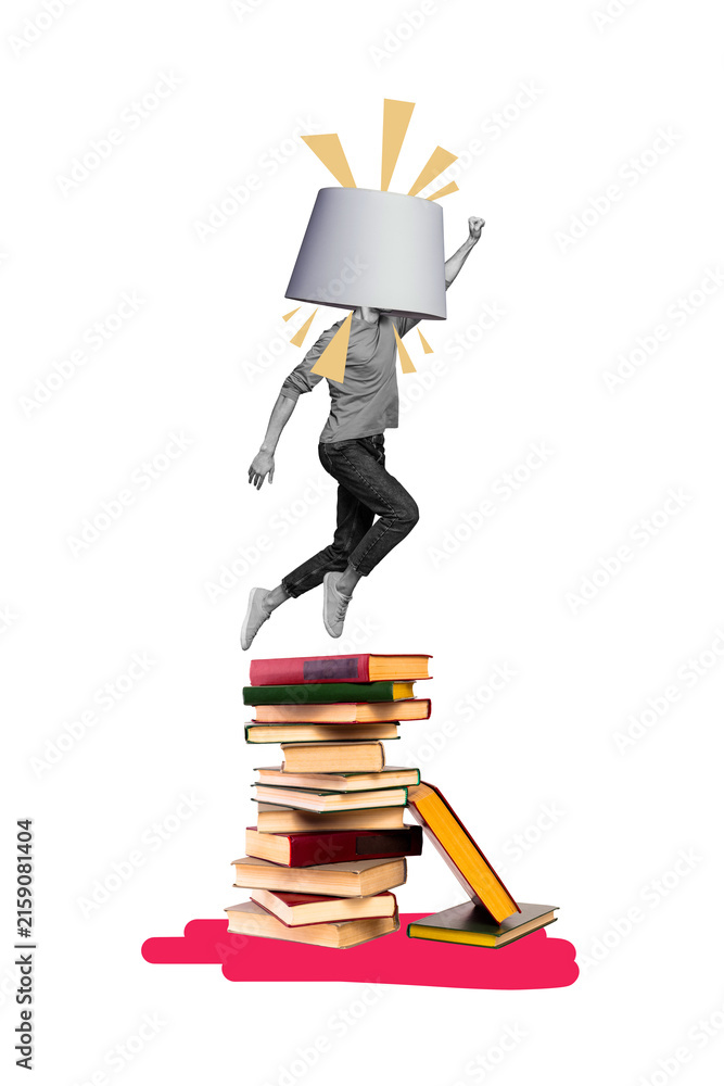 Fototapeta premium Vertical creative art collage of anonym man jump book stack education library student enlightenment lamp isolated on painting background