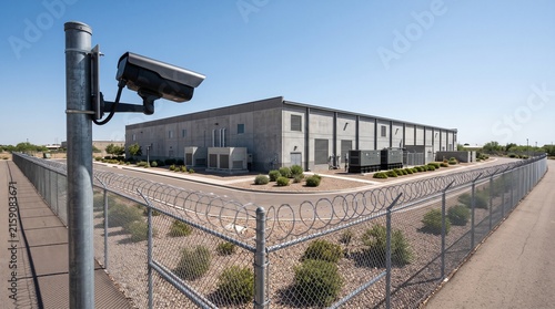 Cuadro en lienzo Data center exterior with perimeter fence and security camera