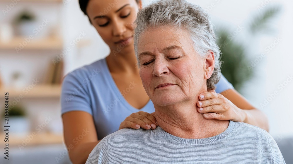 Fototapeta premium Elderly Woman Receiving Neck Massage from Young Female Therapist in Relaxing Environment