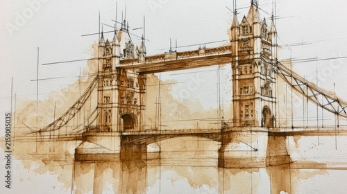 Artistic watercolor of historic suspension bridge with towers and ornate details
