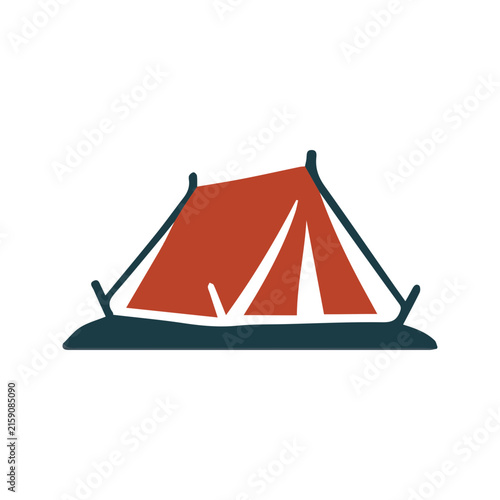 Minimalist flat vector icon of a camping tent for outdoor adventure design.