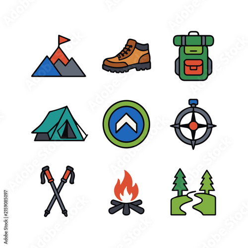 Set of colorful vector icons representing hiking camping and outdoor adventure activities.
