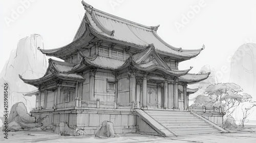 Traditional East Asian wooden temple with ornate roof and scenic landscape background