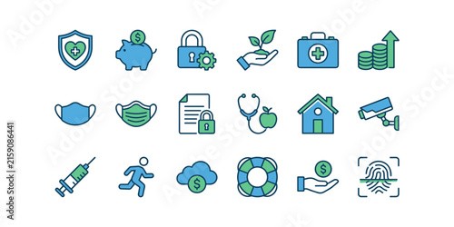 Health insurance finance security protection icon set piggy bank stethoscope house camera fingerprint vector line art collection.