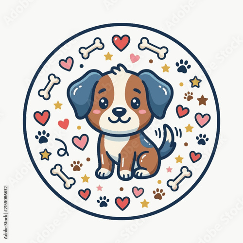 Cute brown and white puppy vector illustration in a circular frame surrounded by hearts, bones, stars, and paw prints, isolated on white background, cartoon canine character art.