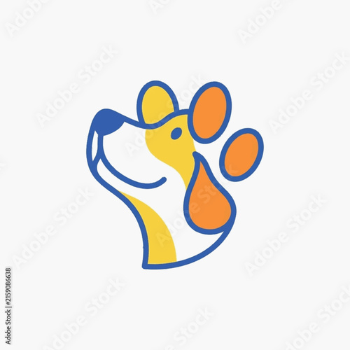 Minimalist dog head profile merged with a paw print icon. Vector illustration features blue outlines with yellow and orange fills on white background for pet industry branding.
