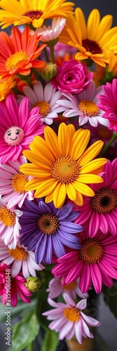 Bright bouquet of colorful flowers with smiling faces, flowers, cute