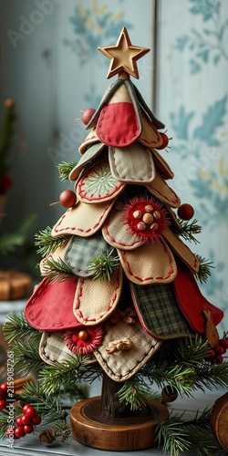 Rustic handmade Christmas tree adorned with patchwork textures and stitching details, lights, vintage