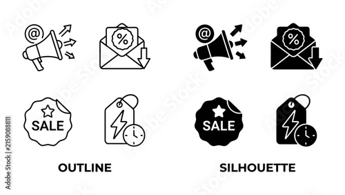 Marketing Icons: A set of four stylized marketing icons presented in both outline and silhouette forms, featuring a megaphone with arrows, an envelope with a percentage and down arrow.