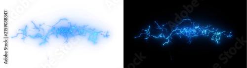 PNG image of Brilliant glowing blue electric lightning bolt showing jagged sparks and intense high voltage energy surges captured isolated on transparent background