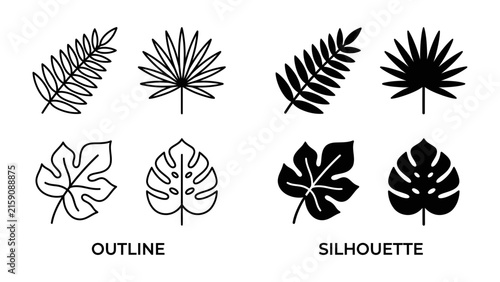 Tropical Leaf Vector Pack: A collection of stylized tropical leaves, presented in both outline and silhouette forms, perfect for adding a touch of exotic flora to your designs.